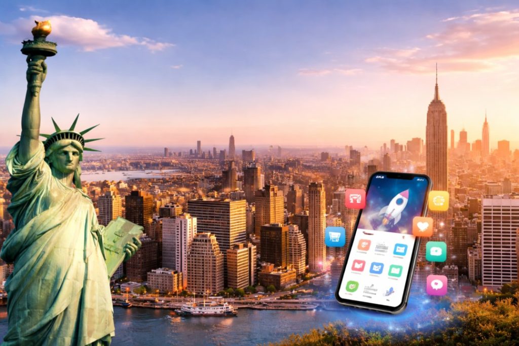 Web and Mobile App Development Services in New York featuring Statue of Liberty and mobile app interface over NYC skyline