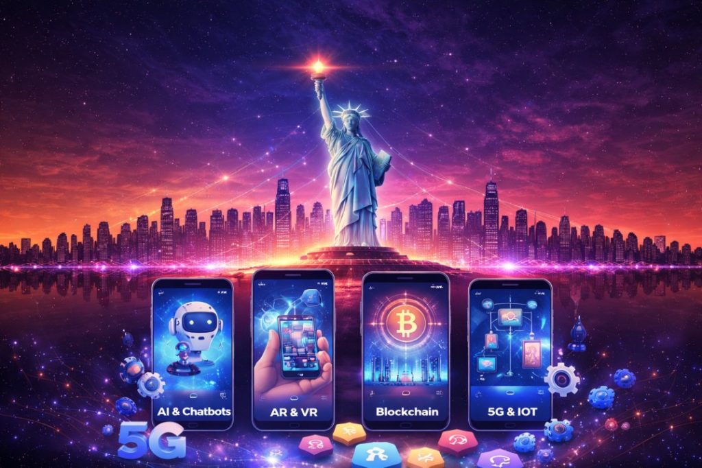 Mobile App Development Trends in New York featuring AI, AR/VR, blockchain, and 5G technologies with the Statue of Liberty and NYC skyline in a futuristic digital theme