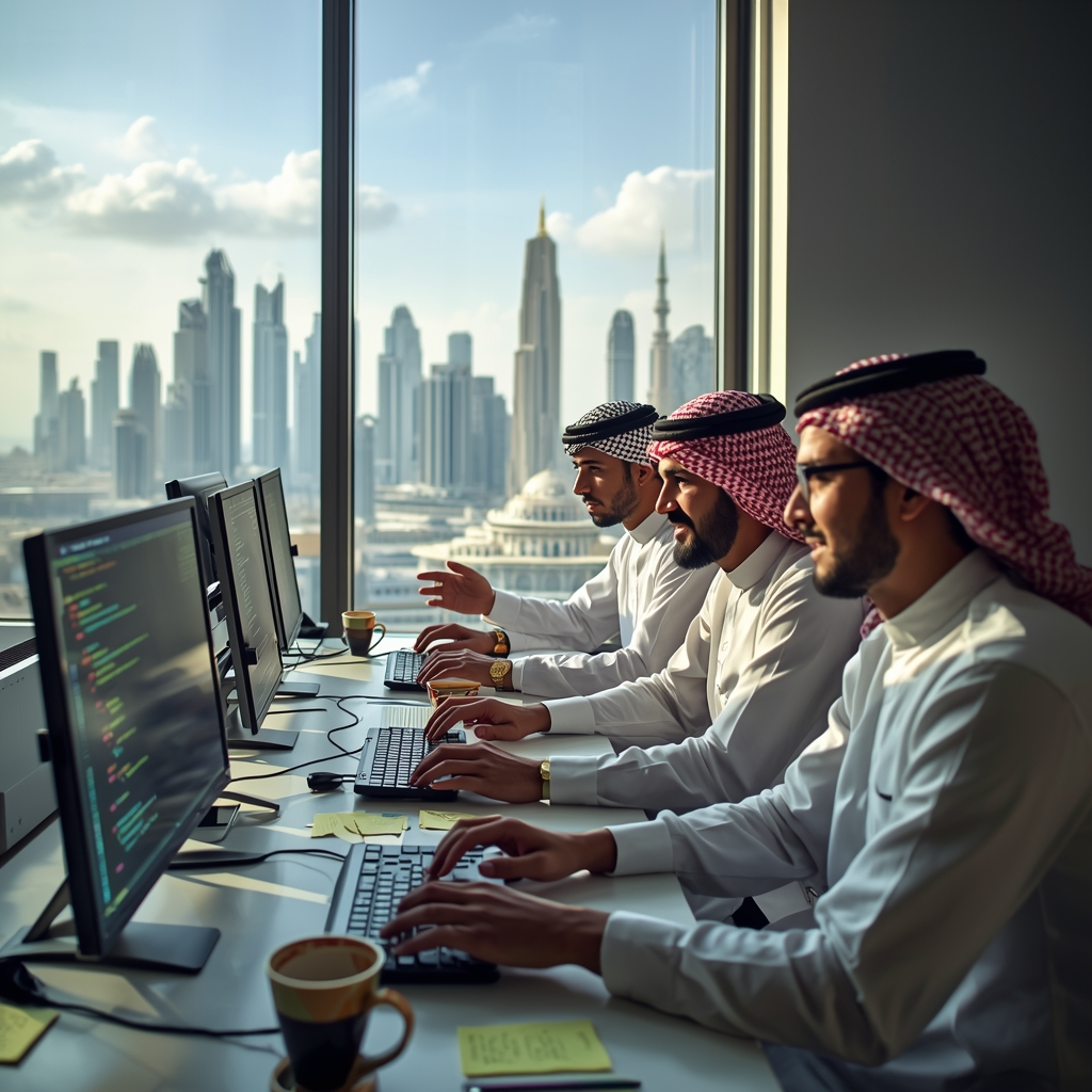 Team of professionals working on computers in a modern office with Dubai skyline, representing the Digital Future of Dubai through technology and innovation.