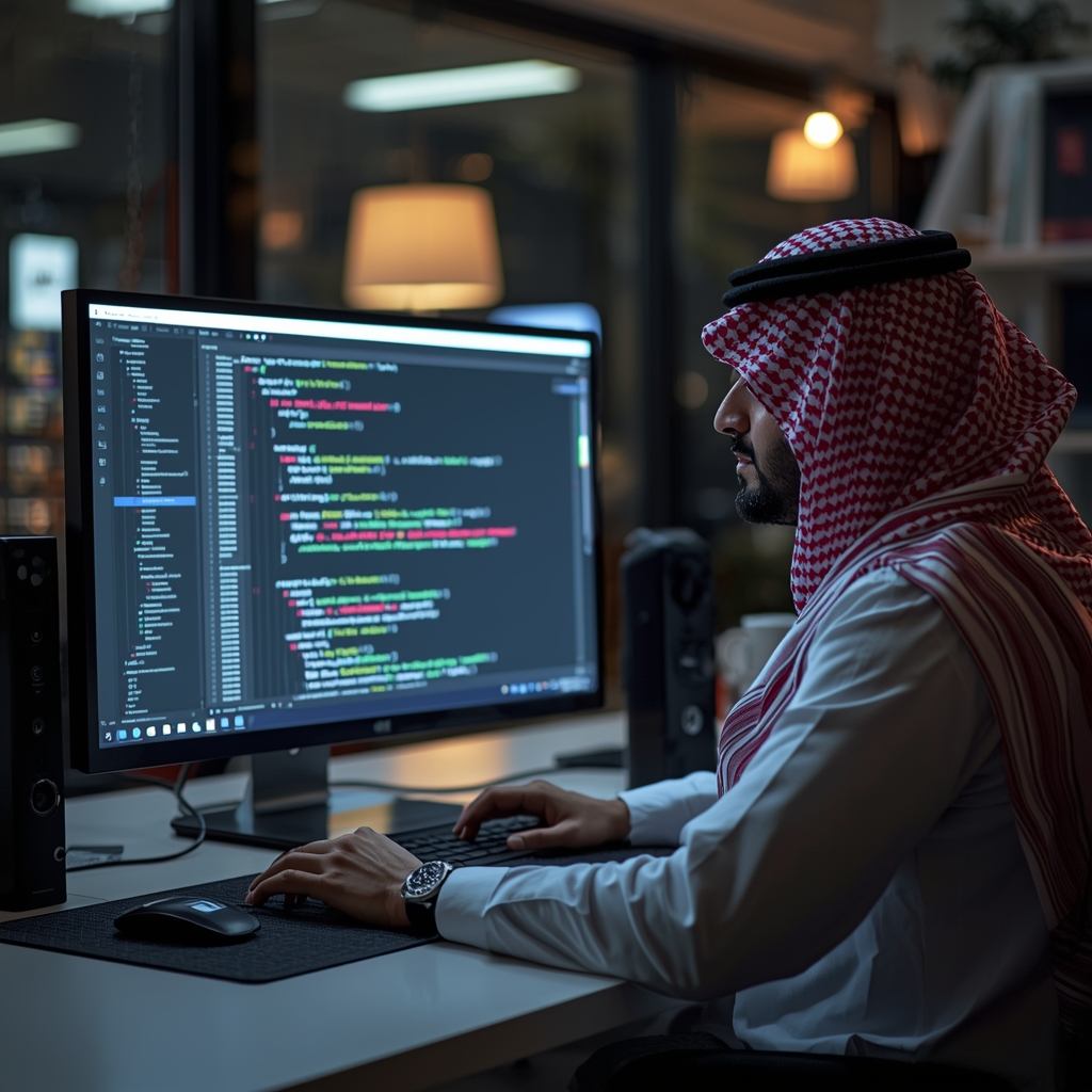 Developer working on AI-Powered Websites in Dubai, coding an intelligent web application on a desktop computer in a modern office environment.