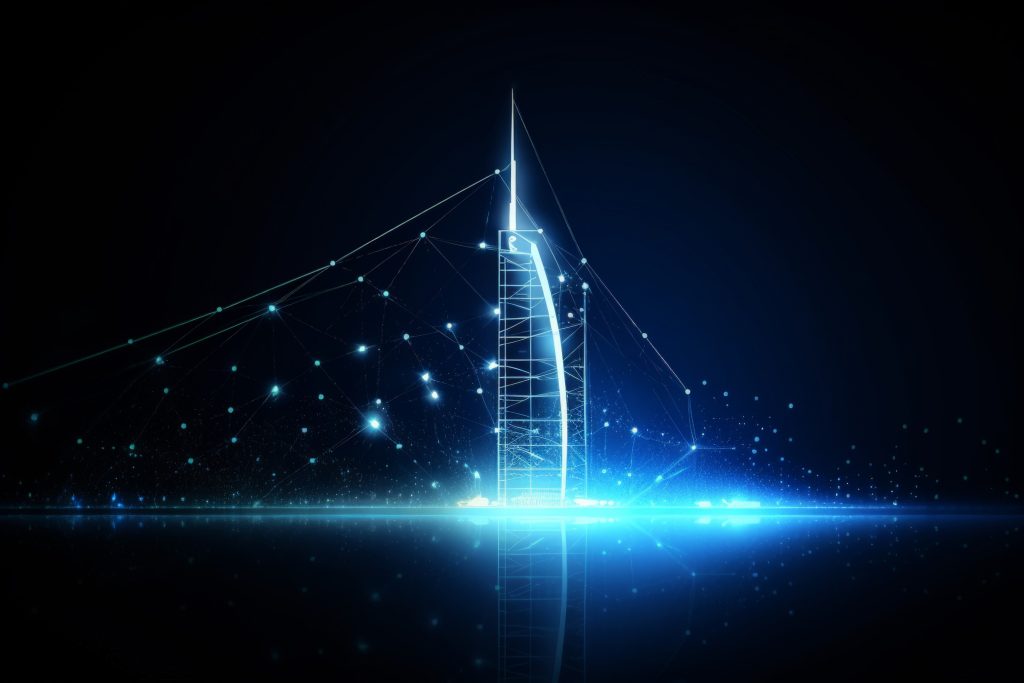 Digital trends in Dubai visualized through a futuristic glowing skyscraper with connected data networks and smart technology elements in a modern cityscape