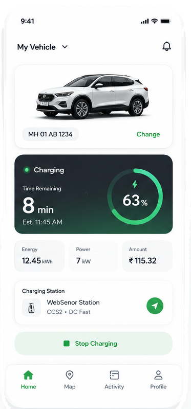 WebSenor EV Charging App map view with nearby charging stations
