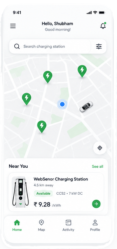 WebSenor EV Charging App live vehicle charging dashboard
